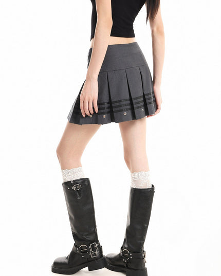 TALKLESSFASHION XPKAEAX American Vintage Striped Paneled Skirt Women's Spring New Leather Buckle Preppy Pleated Skirt