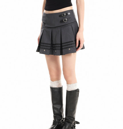 THETLSTUDIO XPKAEAX American Vintage Striped Paneled Skirt Women's Spring New Leather Buckle Preppy Pleated Skirt