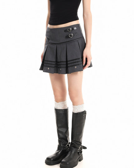 TALKLESSFASHION XPKAEAX American Vintage Striped Paneled Skirt Women's Spring New Leather Buckle Preppy Pleated Skirt