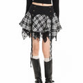 TALKLESSFASHION XPKAEAX Chic Vintage Lace Stitched Plaid Skirt Women's Spring New Contrast Irregular Cake Skirt