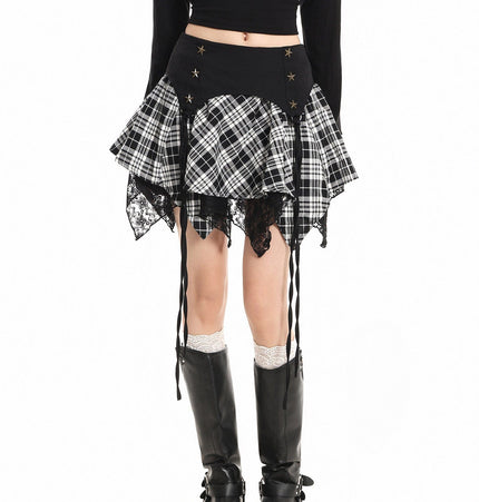 THETLSTUDIO XPKAEAX Chic Vintage Lace Stitched Plaid Skirt Women's Spring New Contrast Irregular Cake Skirt