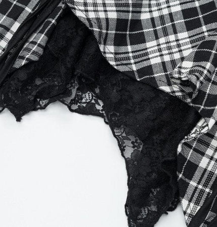 THETLSTUDIO XPKAEAX Chic Vintage Lace Stitched Plaid Skirt Women's Spring New Contrast Irregular Cake Skirt