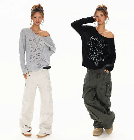 THETLSTUDIO XPKAEAX Slightly Translucent Lightweight Letter Long Sleeve T-Shirt Women's 2025 Pre-Fall Loose Off-the-Shoulder Top American Slanted Shoulder Cover-Up