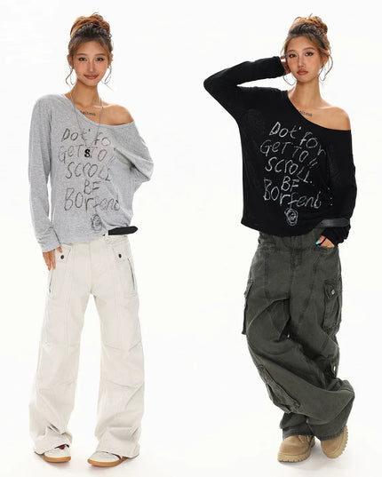 TALKLESSFASHION XPKAEAX Slightly Translucent Lightweight Letter Long Sleeve T-Shirt Women's 2025 Pre-Fall Loose Off-the-Shoulder Top American Slanted Shoulder Cover-Up