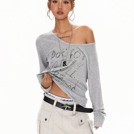 TALKLESSFASHION XPKAEAX Slightly Translucent Lightweight Letter Long Sleeve T-Shirt Women's 2025 Pre-Fall Loose Off-the-Shoulder Top American Slanted Shoulder Cover-Up