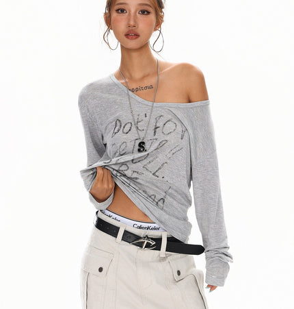 THETLSTUDIO XPKAEAX Slightly Translucent Lightweight Letter Long Sleeve T-Shirt Women's 2025 Pre-Fall Loose Off-the-Shoulder Top American Slanted Shoulder Cover-Up