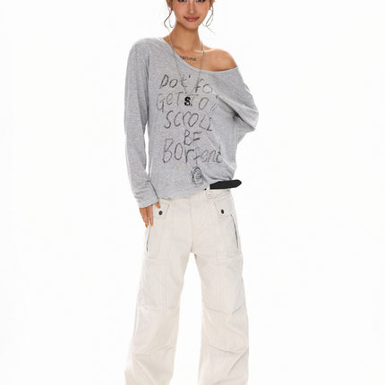TALKLESSFASHION XPKAEAX Slightly Translucent Lightweight Letter Long Sleeve T-Shirt Women's 2025 Pre-Fall Loose Off-the-Shoulder Top American Slanted Shoulder Cover-Up