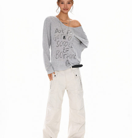 THETLSTUDIO XPKAEAX Slightly Translucent Lightweight Letter Long Sleeve T-Shirt Women's 2025 Pre-Fall Loose Off-the-Shoulder Top American Slanted Shoulder Cover-Up