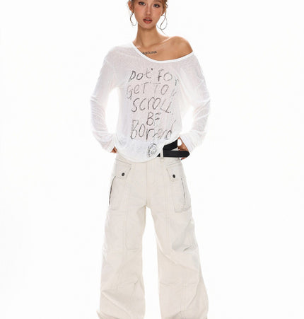 THETLSTUDIO XPKAEAX Slightly Translucent Lightweight Letter Long Sleeve T-Shirt Women's 2025 Pre-Fall Loose Off-the-Shoulder Top American Slanted Shoulder Cover-Up