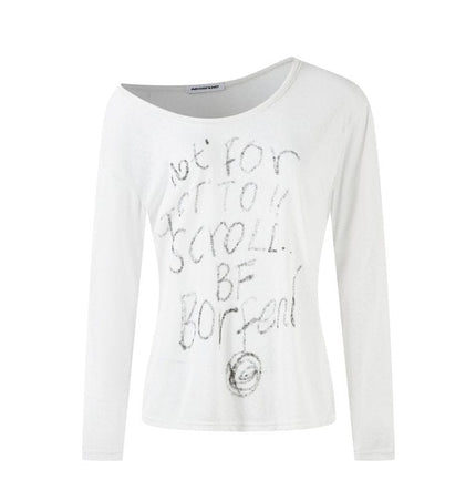 THETLSTUDIO XPKAEAX Slightly Translucent Lightweight Letter Long Sleeve T-Shirt Women's 2025 Pre-Fall Loose Off-the-Shoulder Top American Slanted Shoulder Cover-Up