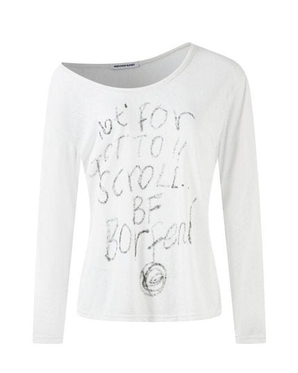 TALKLESSFASHION XPKAEAX Slightly Translucent Lightweight Letter Long Sleeve T-Shirt Women's 2025 Pre-Fall Loose Off-the-Shoulder Top American Slanted Shoulder Cover-Up
