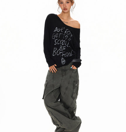 THETLSTUDIO XPKAEAX Slightly Translucent Lightweight Letter Long Sleeve T-Shirt Women's 2025 Pre-Fall Loose Off-the-Shoulder Top American Slanted Shoulder Cover-Up
