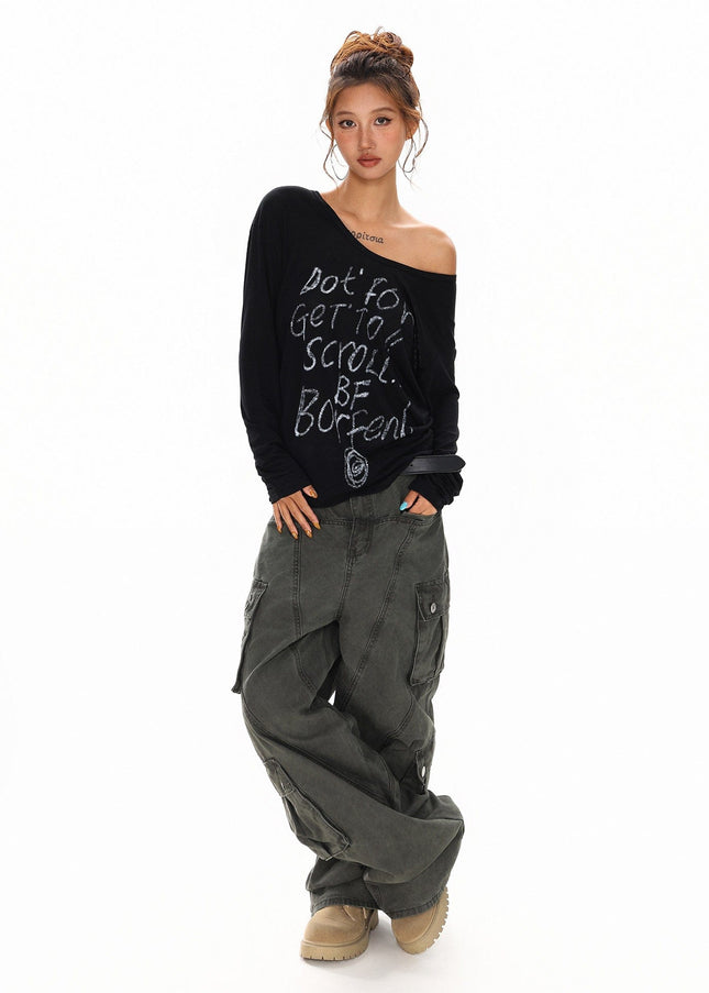TALKLESSFASHION XPKAEAX Slightly Translucent Lightweight Letter Long Sleeve T-Shirt Women's 2025 Pre-Fall Loose Off-the-Shoulder Top American Slanted Shoulder Cover-Up
