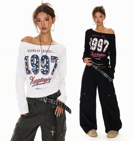 THETLSTUDIO XPKAEAX Spice Girl Style American High Street Slim Long Sleeve T-Shirt Women's New Off-the-Shoulder Slimming Top for Fall 2025