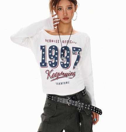 THETLSTUDIO XPKAEAX Spice Girl Style American High Street Slim Long Sleeve T-Shirt Women's New Off-the-Shoulder Slimming Top for Fall 2025