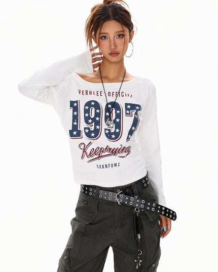 TALKLESSFASHION XPKAEAX Spice Girl Style American High Street Slim Long Sleeve T-Shirt Women's New Off-the-Shoulder Slimming Top for Fall 2025