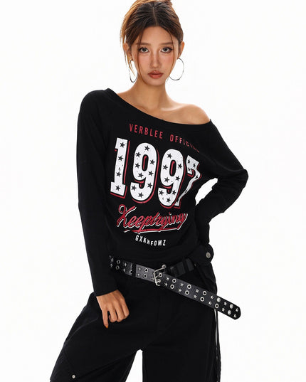 TALKLESSFASHION XPKAEAX Spice Girl Style American High Street Slim Long Sleeve T-Shirt Women's New Off-the-Shoulder Slimming Top for Fall 2025