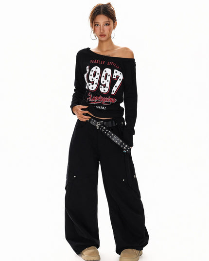 TALKLESSFASHION XPKAEAX Spice Girl Style American High Street Slim Long Sleeve T-Shirt Women's New Off-the-Shoulder Slimming Top for Fall 2025