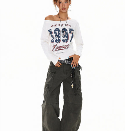 THETLSTUDIO XPKAEAX Spice Girl Style American High Street Slim Long Sleeve T-Shirt Women's New Off-the-Shoulder Slimming Top for Fall 2025