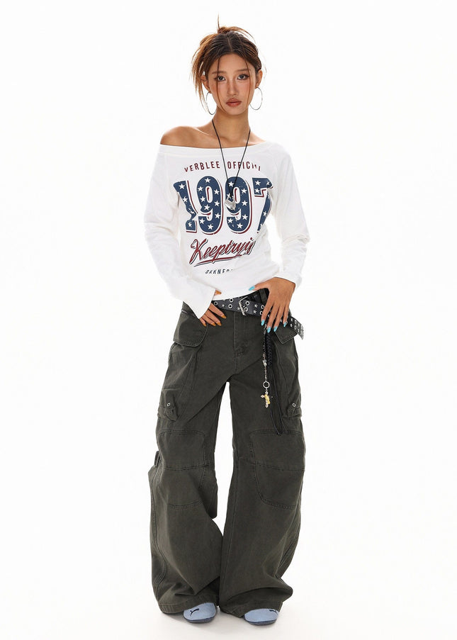 TALKLESSFASHION XPKAEAX Spice Girl Style American High Street Slim Long Sleeve T-Shirt Women's New Off-the-Shoulder Slimming Top for Fall 2025