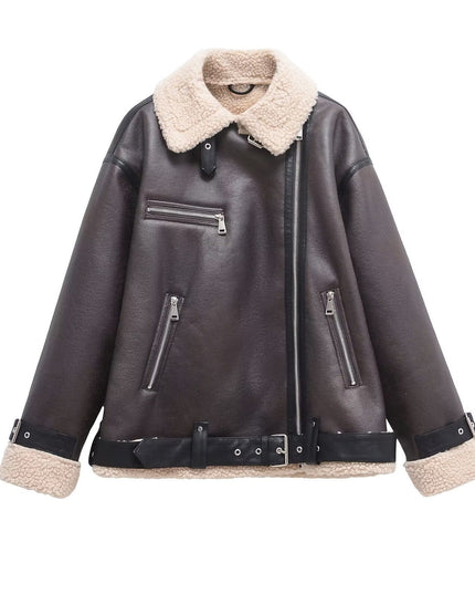 TALKLESSFASHION XS / 2432 brown triple zipper Foreign trade large version of European and American cross-border belt zipper composite jacket thickened windproof and waterproof fur integrated jacket