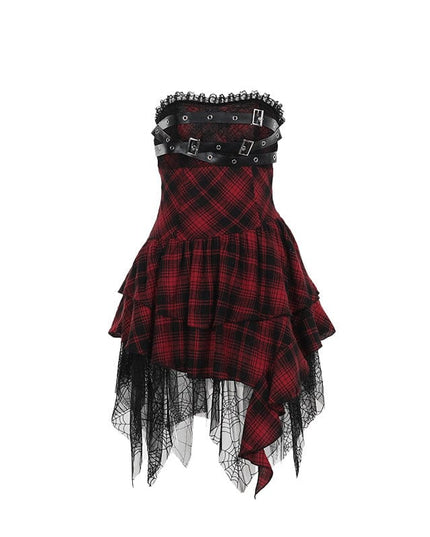 TALKLESSFASHION XS24244 summer gothic new hip skirt celebrity style temperament sexy red plaid bandeau dress women