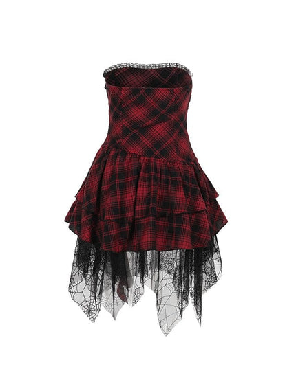 TALKLESSFASHION XS24244 summer gothic new hip skirt celebrity style temperament sexy red plaid bandeau dress women