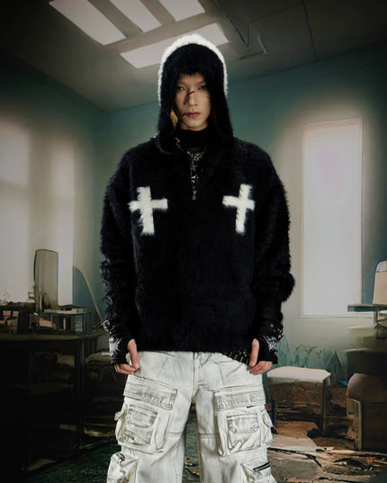 TALKLESSFASHION Y2K Mohair Hooded Cardigan
