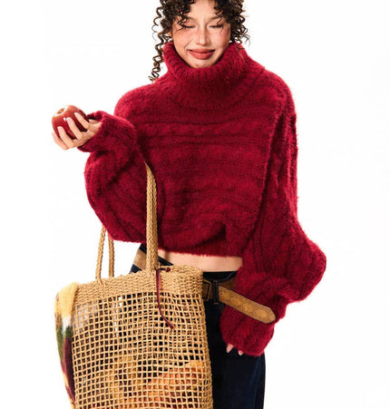 THETLSTUDIO YOUNG Encore Red Atmosphere Red Sweater Women's Winter Retro Hot Girl Short One-Shoulder Top