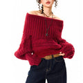 TALKLESSFASHION YOUNG Encore Red Atmosphere Red Sweater Women's Winter Retro Hot Girl Short One-Shoulder Top