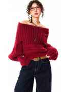 TALKLESSFASHION YOUNG Encore Red Atmosphere Red Sweater Women's Winter Retro Hot Girl Short One-Shoulder Top