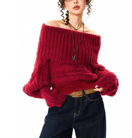THETLSTUDIO YOUNG Encore Red Atmosphere Red Sweater Women's Winter Retro Hot Girl Short One-Shoulder Top