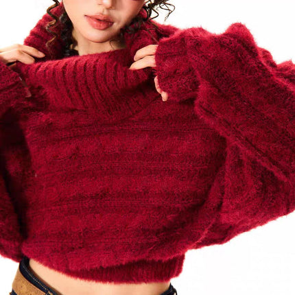 TALKLESSFASHION YOUNG Encore Red Atmosphere Red Sweater Women's Winter Retro Hot Girl Short One-Shoulder Top