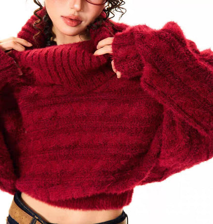 THETLSTUDIO YOUNG Encore Red Atmosphere Red Sweater Women's Winter Retro Hot Girl Short One-Shoulder Top