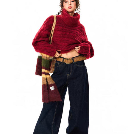THETLSTUDIO YOUNG Encore Red Atmosphere Red Sweater Women's Winter Retro Hot Girl Short One-Shoulder Top
