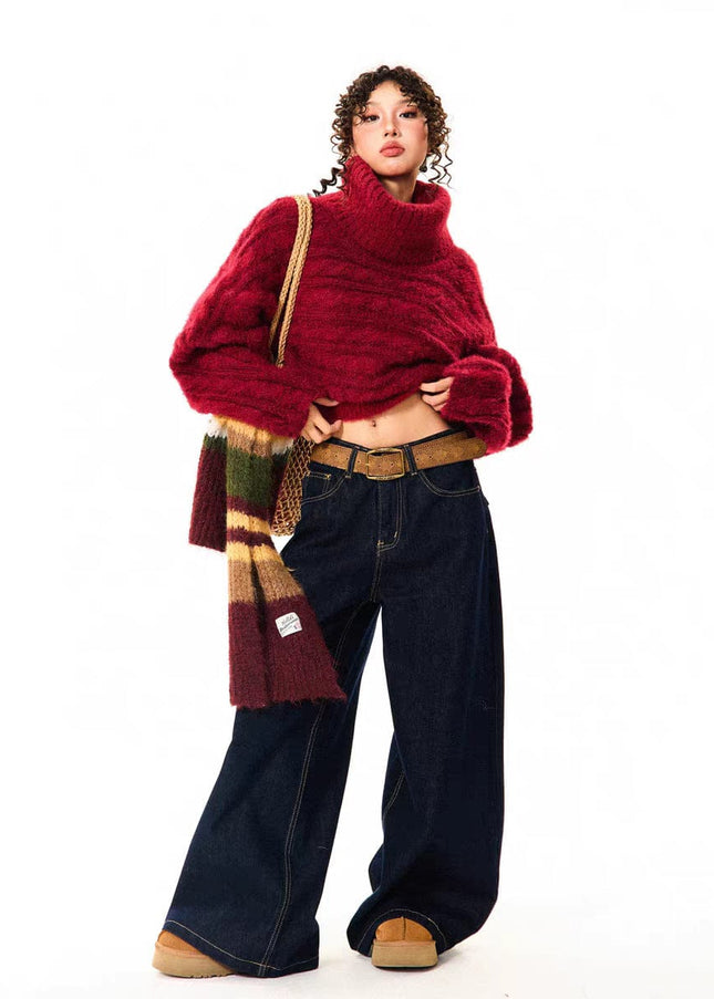 TALKLESSFASHION YOUNG Encore Red Atmosphere Red Sweater Women's Winter Retro Hot Girl Short One-Shoulder Top
